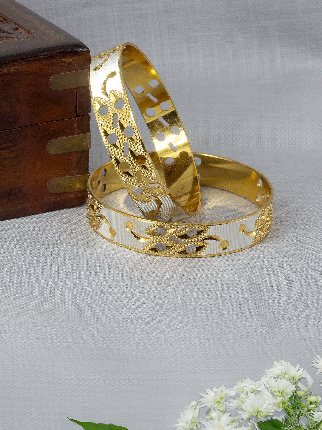 Gold Plated Rhodium Cutwork Bangle Pair