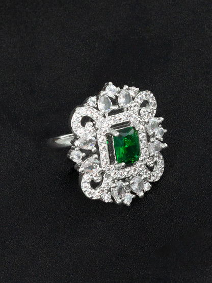 Rhodium Plated Green American Diamond Vintage Adjustable Finger Ring