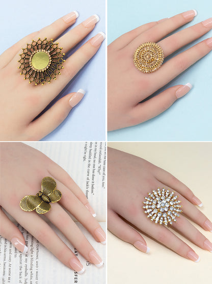 Set of 6 Gold Plated Artificial Stone Floral & Round Shaped Adjustable Finger Ring