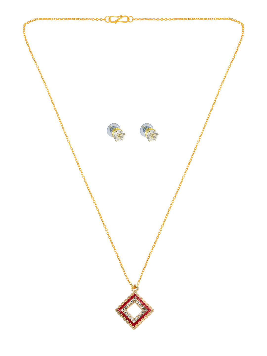 Gold Plated & Red Square Shaped Pendant & Studs Set