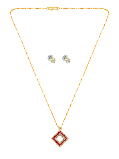 Gold Plated & Red Square Shaped Pendant & Studs Set