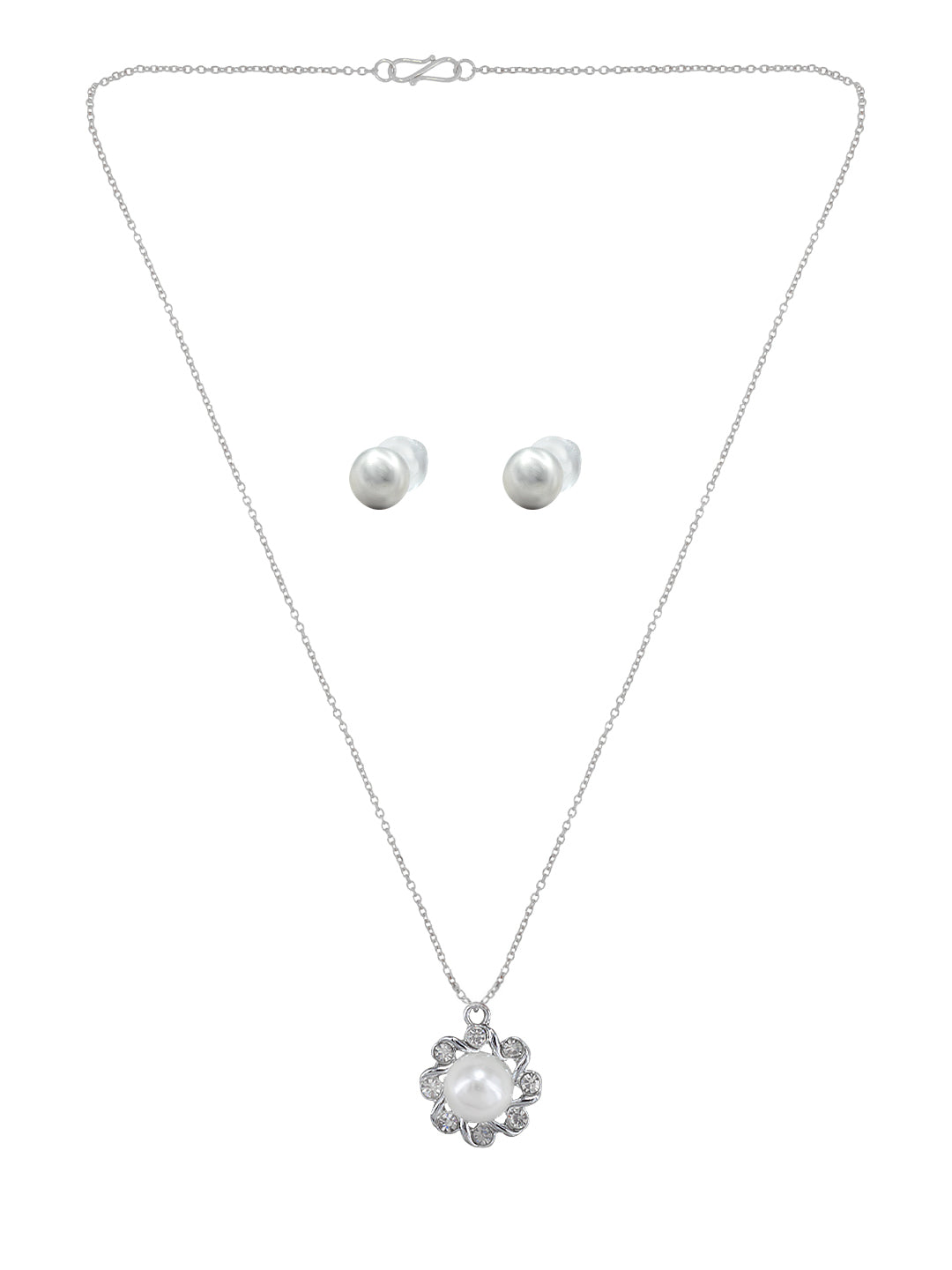 Silver Plated Pearl Floral Pendant & Studs Set