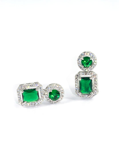 Rhodium Plated Green American Diamond Square Drop Earrings