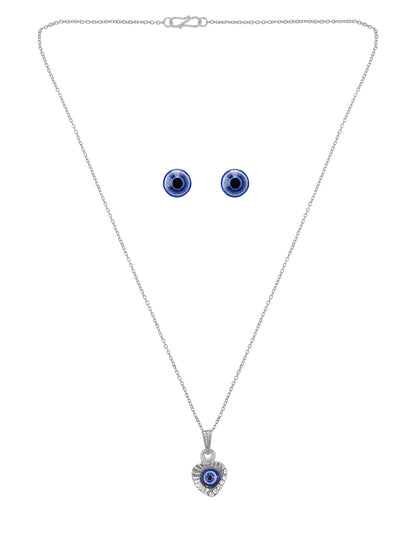 Silver Plated Evil Eye Heart Shaped Pendant & Studs Set