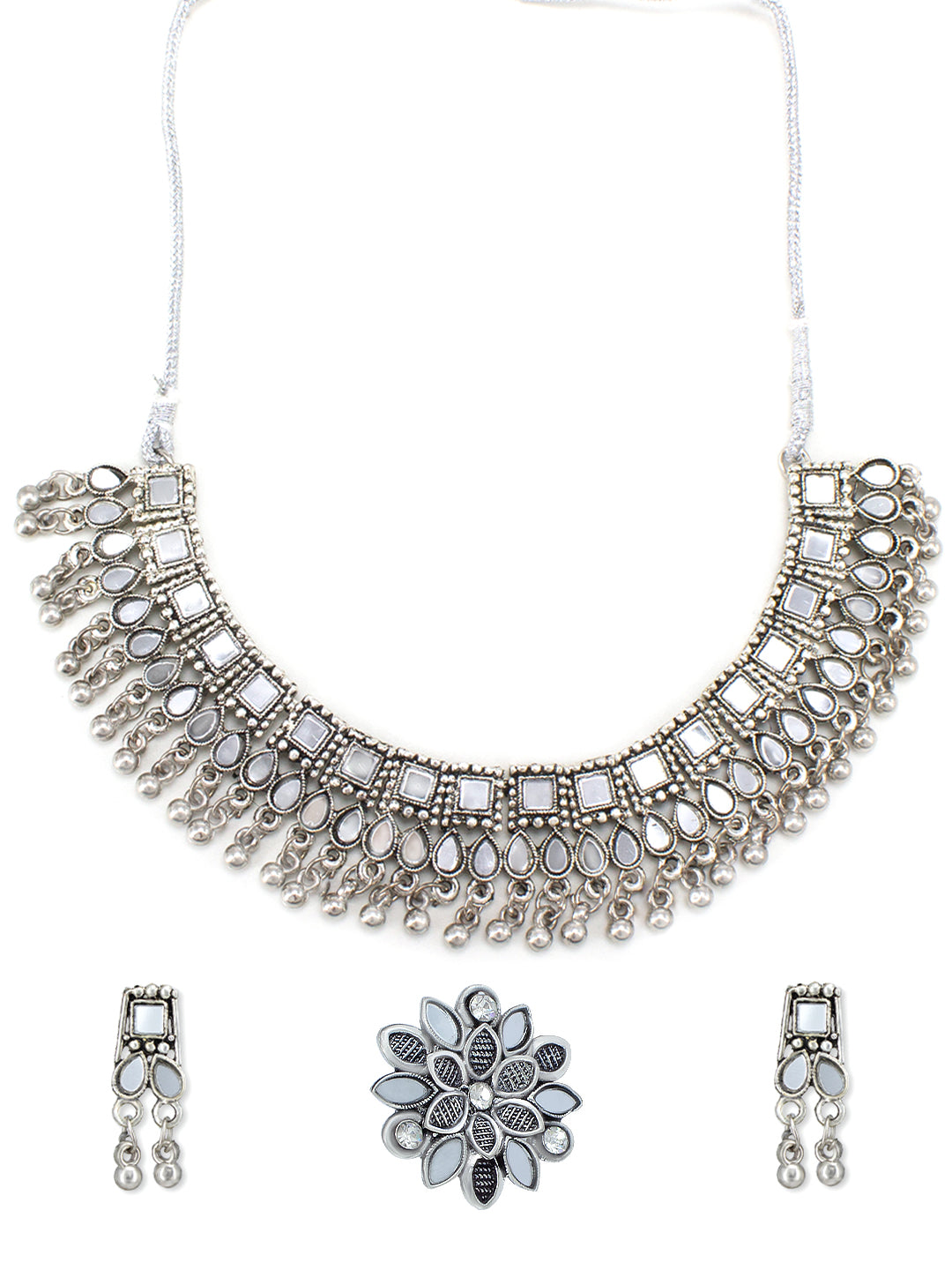 Silver-Plated Mirror-Studded & Beaded Jewellery Set With Adjustable Finger Ring