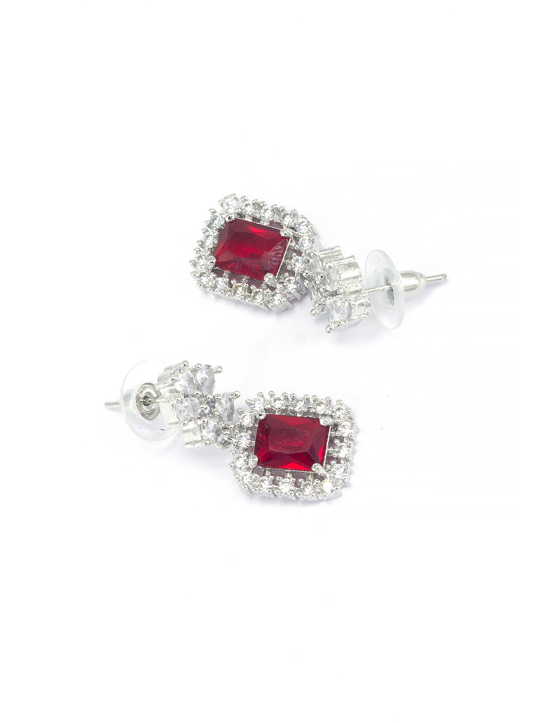 Rhodium Plated Red Square American Diamond Jewellery Set