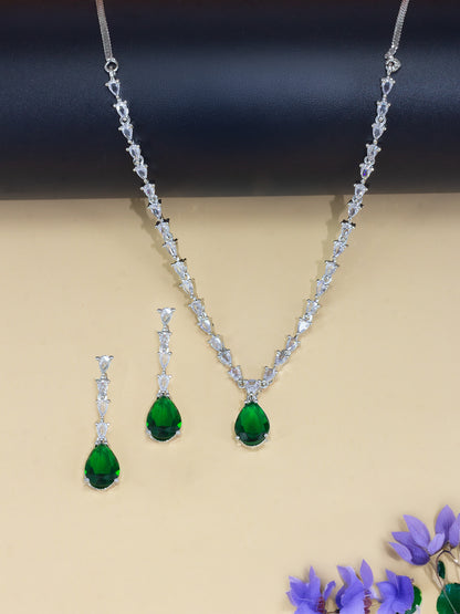 Rhodium Plated Green American Diamond Drop Trendy Jewellery Set