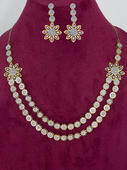 Gold Plated Floral Double Layred American Diamond Studded Jewellery Set