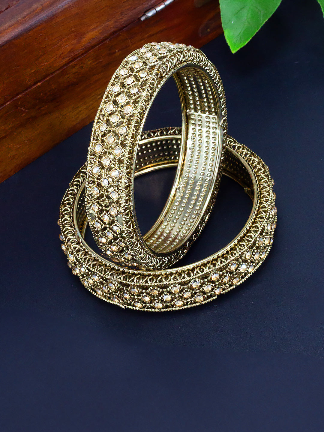 Set Of 2 Gold-Plated Stone-Studded Antique Bangles