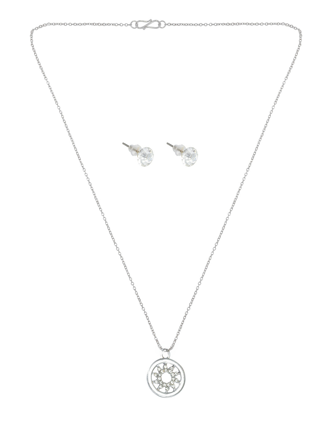 Silver Plated CZ Studded Circular Shaped Pendant & Studs Set