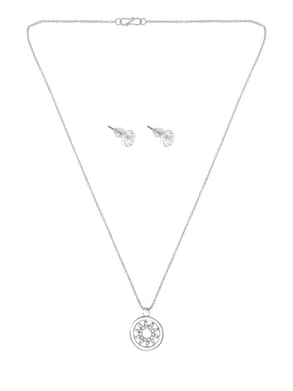 Silver Plated CZ Studded Circular Shaped Pendant & Studs Set