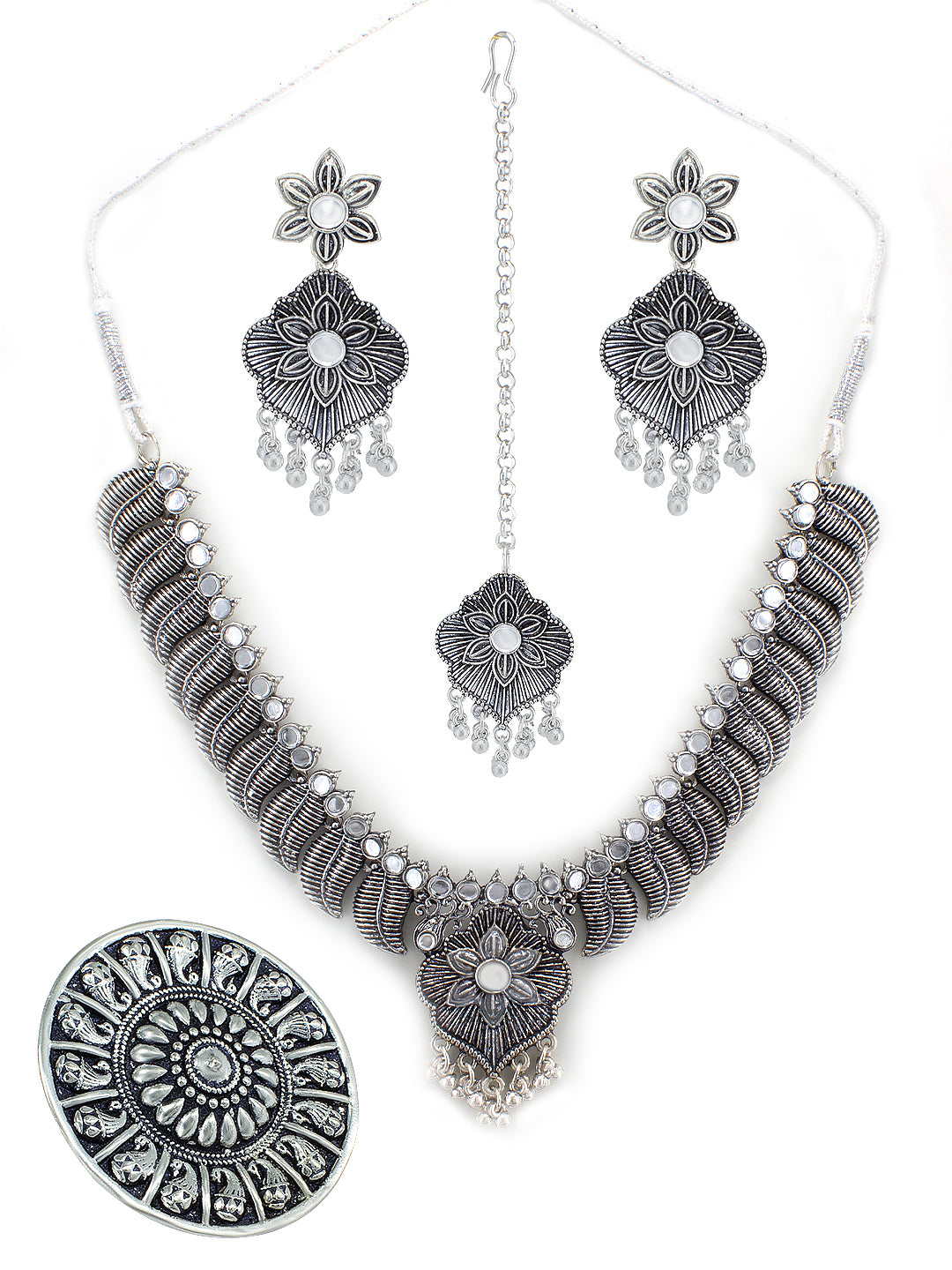 Silver Oxidised Floral Jewellery Set