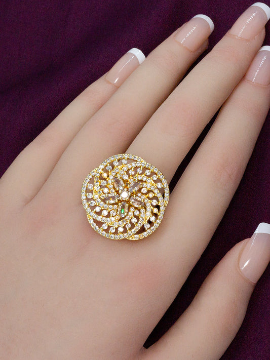 Gold Plated Floral American Diamond Studded Adjustable Finger Ring