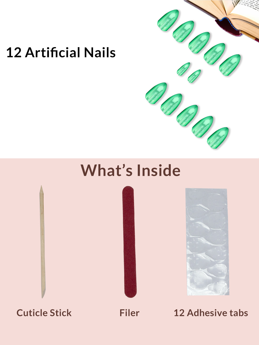 Set Of 12 Reusable Chromatic Fake Nails With Application Kit - Jade Green