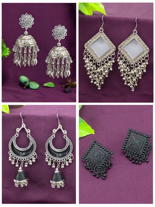 Pack of 4 Silver Oxidised Drop Earrings