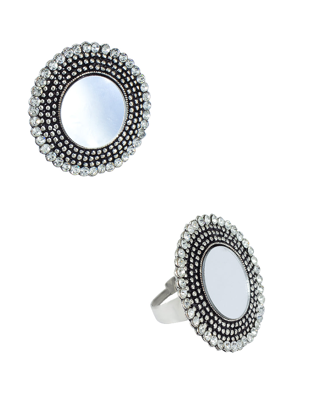 Silver Mirror Studded Bohemian Jhumka Earrings With Ring