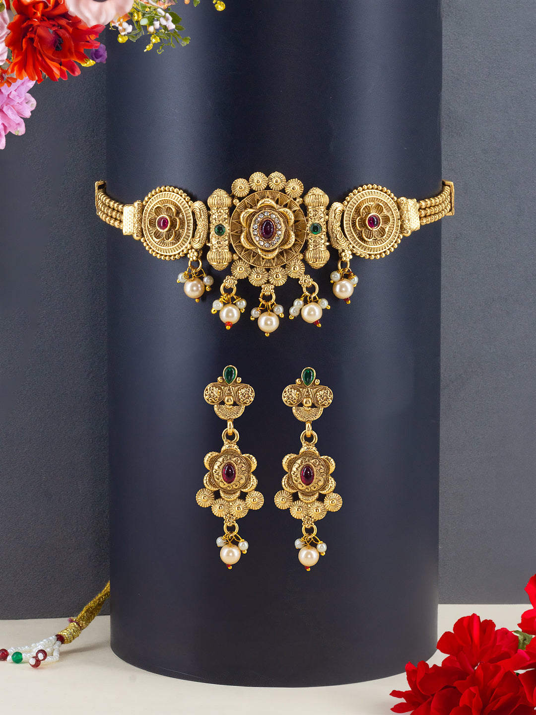 Gold Plated Kundan Choker Temple Jewellery Set