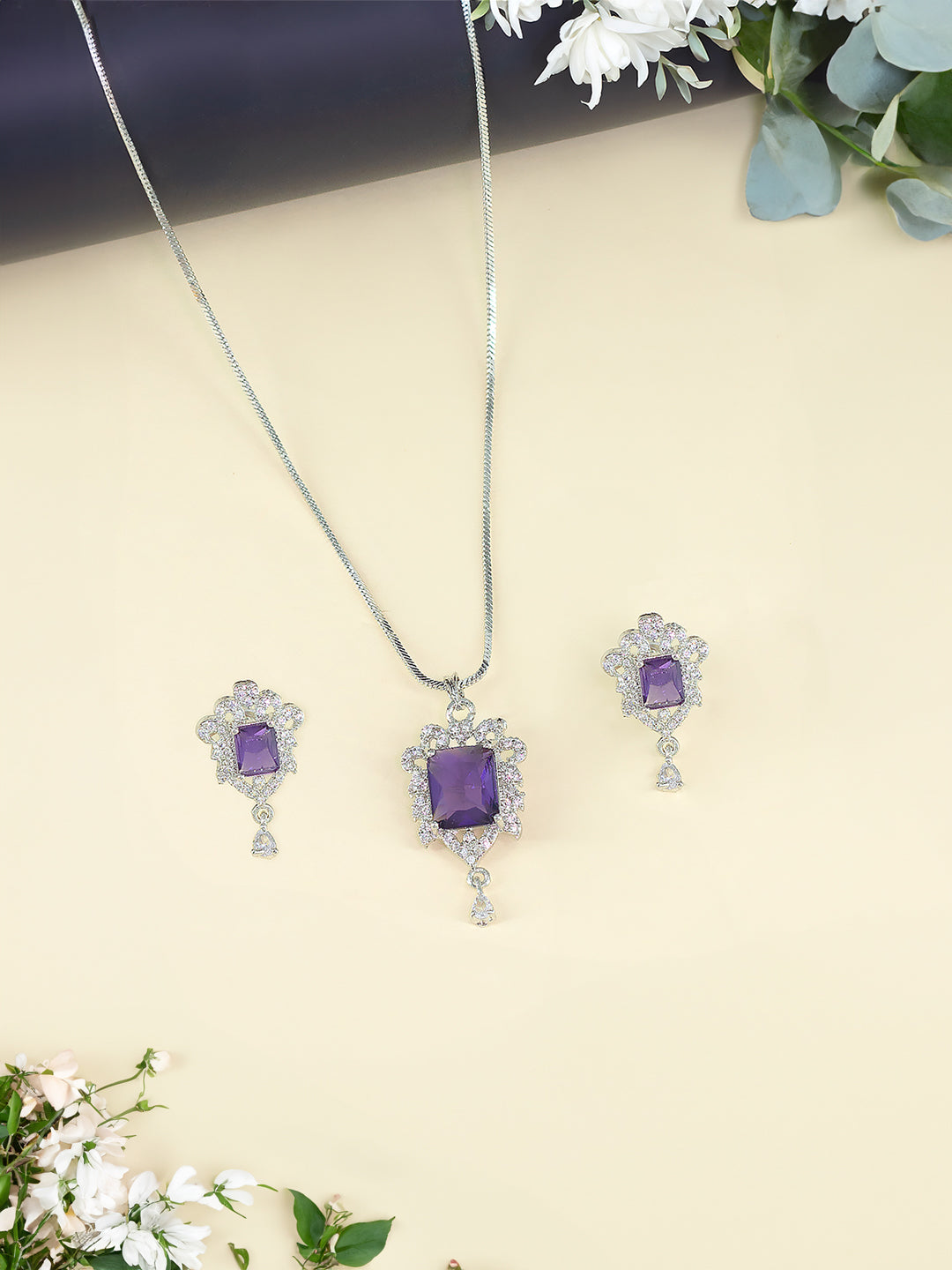 Rhodium Plated Purple American Diamond Studded Pendant Set