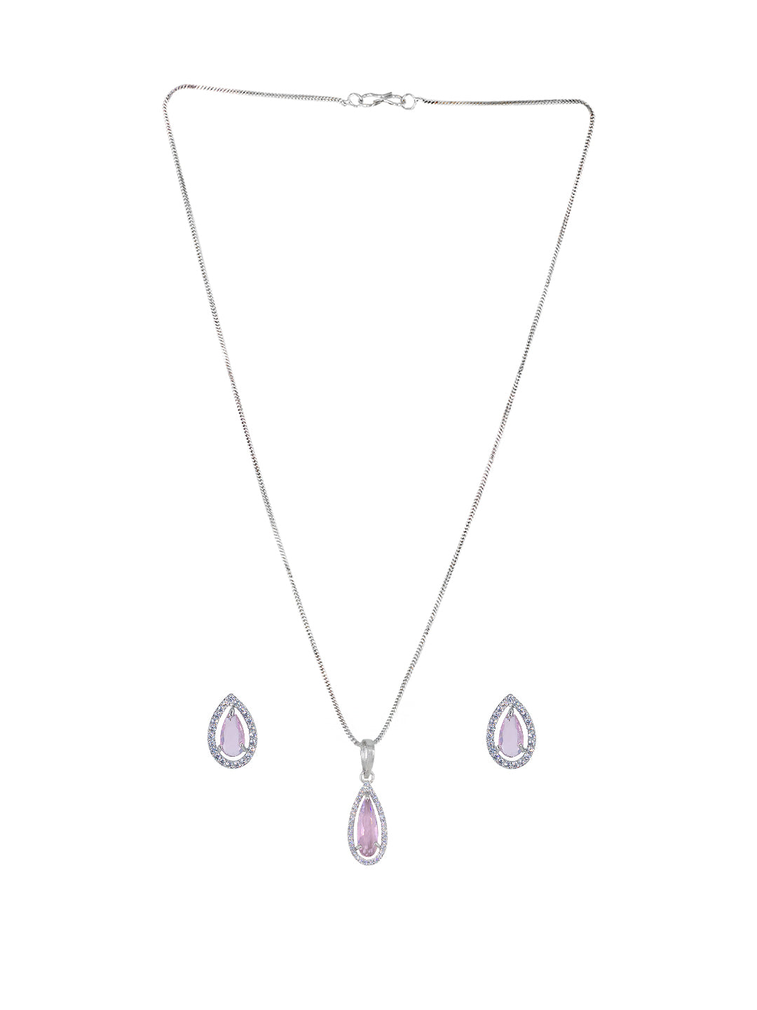 Rhodium Plated Pink Drop American Diamond Trendy Pendant Set