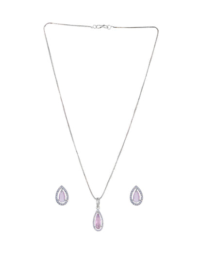 Rhodium Plated Pink Drop American Diamond Trendy Pendant Set