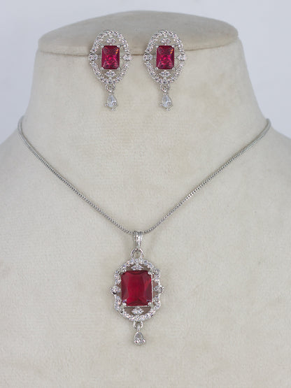 Rhodium Plated Red American Diamond Studded Pendant Set