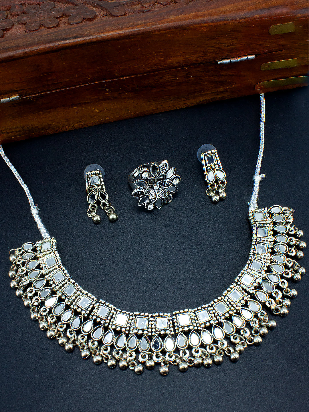 Silver-Plated Mirror-Studded & Beaded Jewellery Set With Adjustable Finger Ring