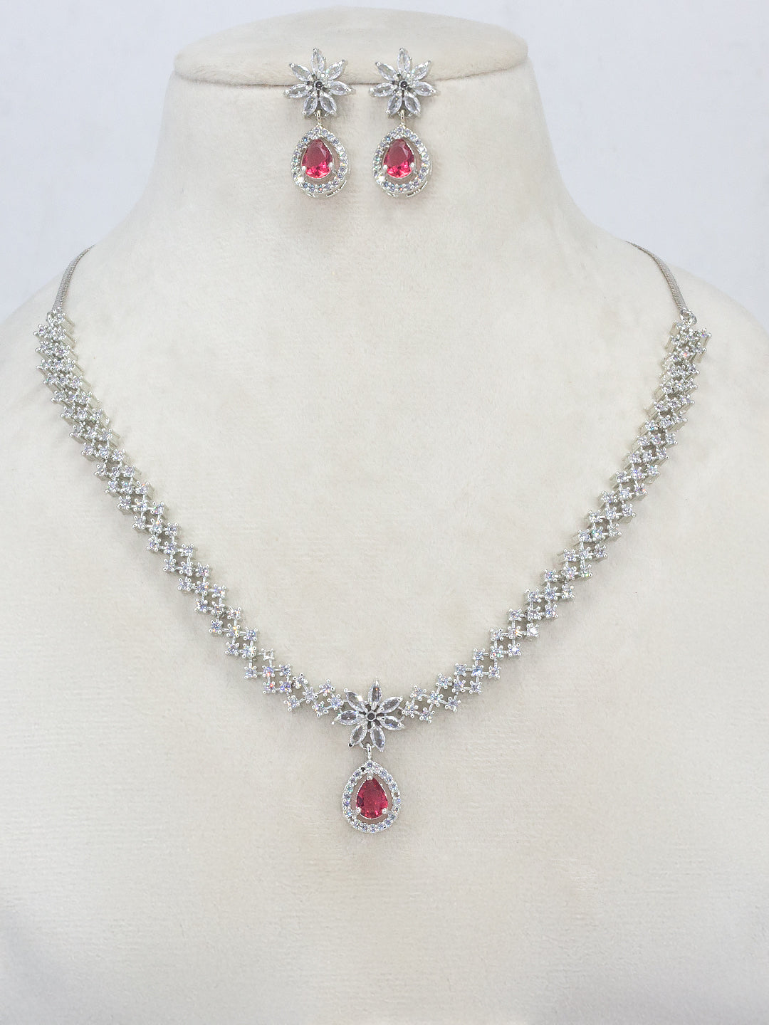 Rhodium Plated Red American Diamond Floral Drop Jewellery Set