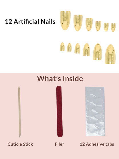 Set Of 12 Reusable Chromatic Fake Nails With Application Kit - Gold