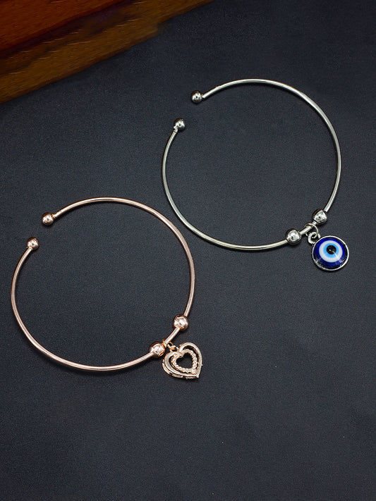 Pack of 2 Silver & Rose Gold Plated Heart & Evil Eye Trendy Bracelets Gift For Girls