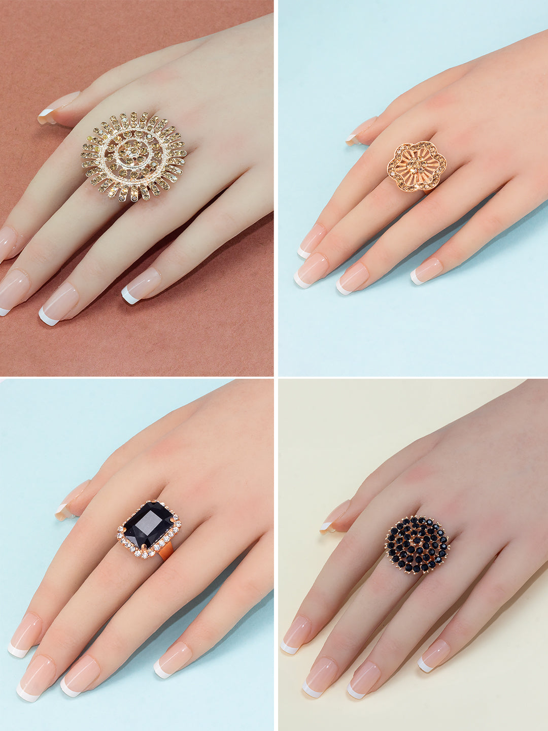 Set of 7 Rose Gold Plated Artificial Stone Floral Adjustable Finger Ring