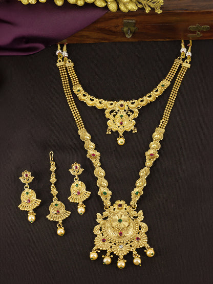 Gold Plated Long & Short Necklace Kundan Studded Temple Jewellery Set