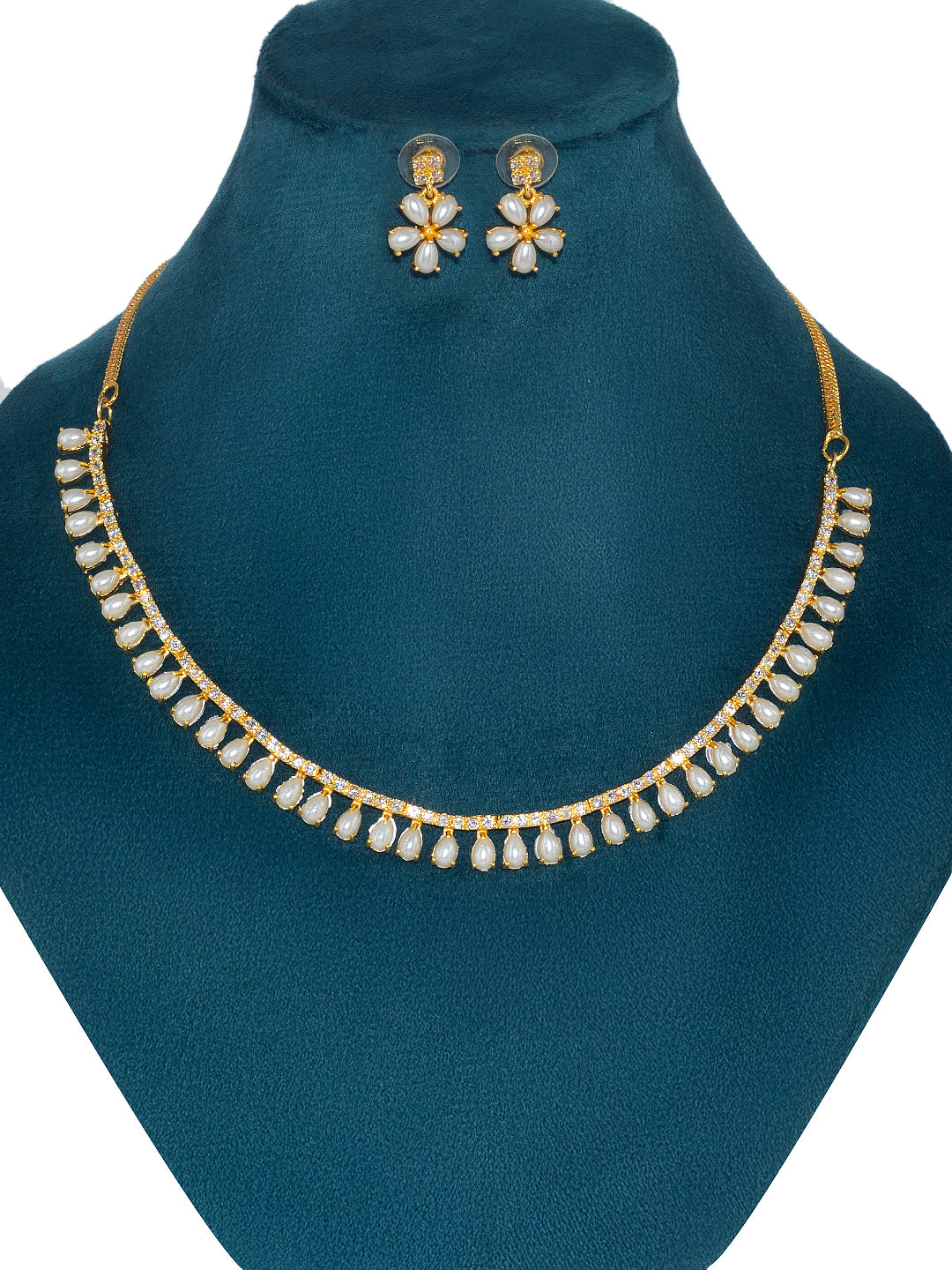 Gold Plated American Diamond & Faux Pearls Floral Jewellery Set