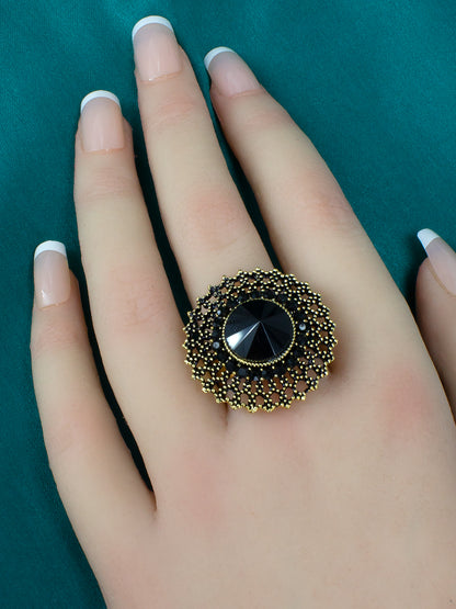 Gold-Plated Black Stone Studded & Beaded Jewellery Set With Maangtika & Adjustable Finger Ring