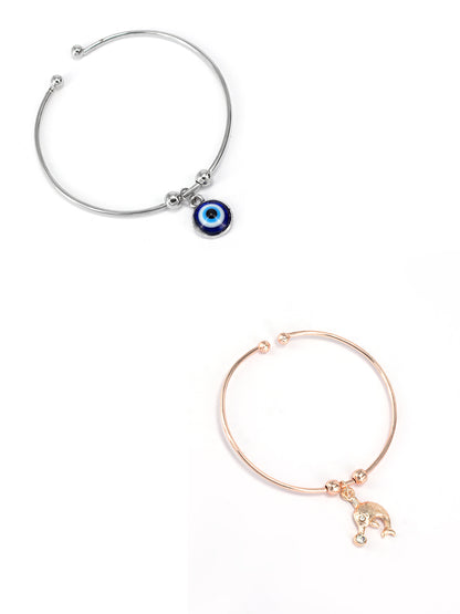 Pack of 2 Silver & Rose Gold Plated Dolphin & Evil Eye Trendy Bracelets