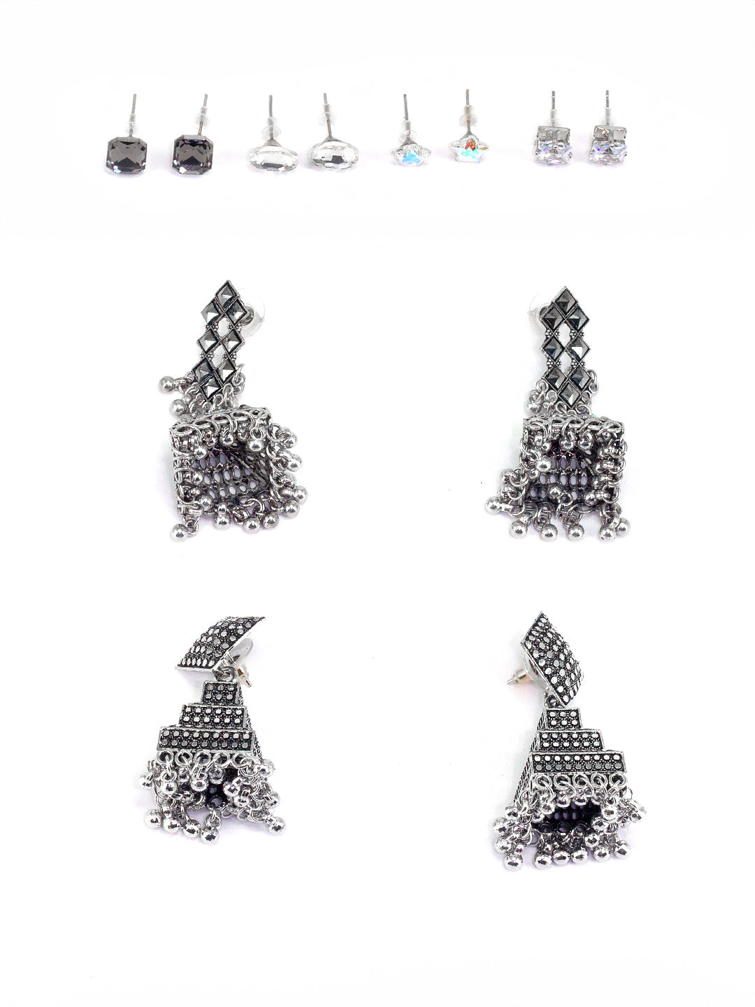 Pack of 6 Silver Oxidised Jhumka and Studs Earrings