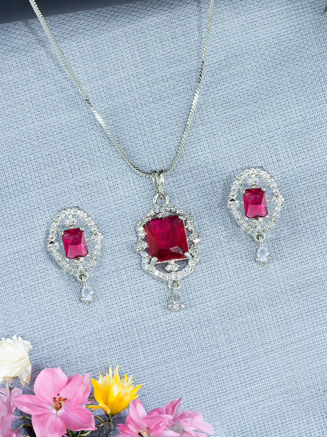 Rhodium Plated Red American Diamond Studded Pendant Set