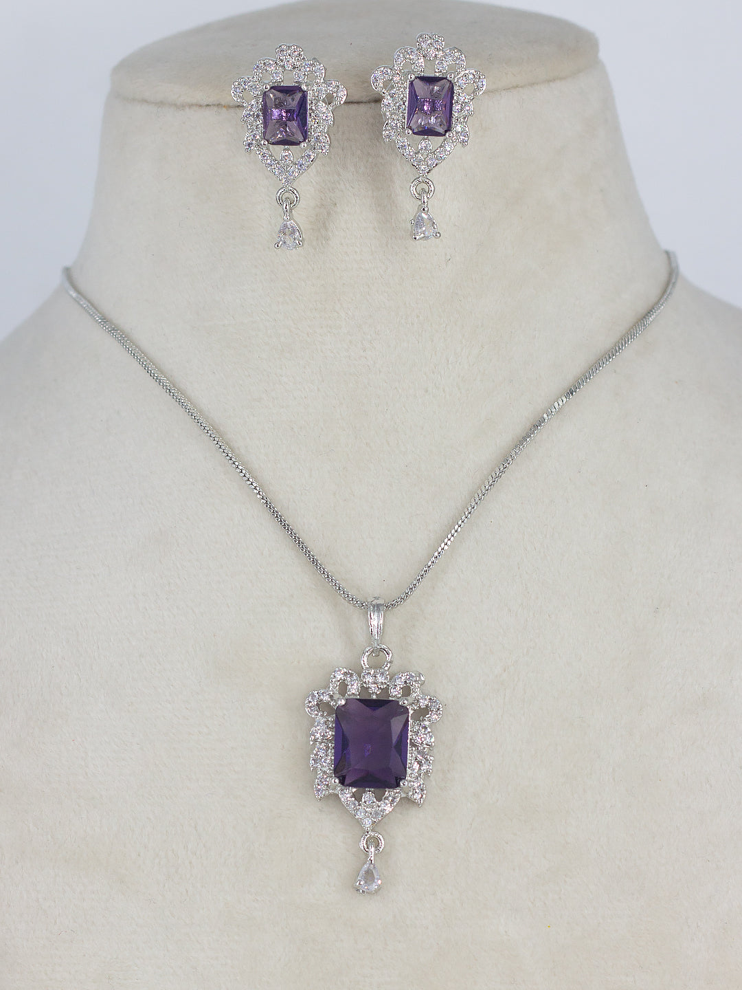 Rhodium Plated Purple American Diamond Studded Pendant Set