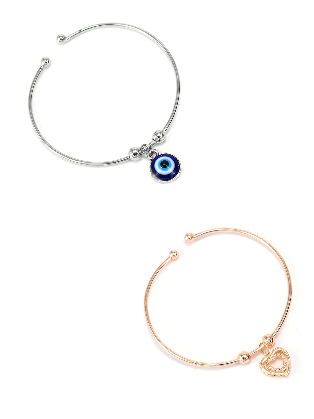 Pack of 2 Silver & Rose Gold Plated Heart & Evil Eye Trendy Bracelets Gift For Girls