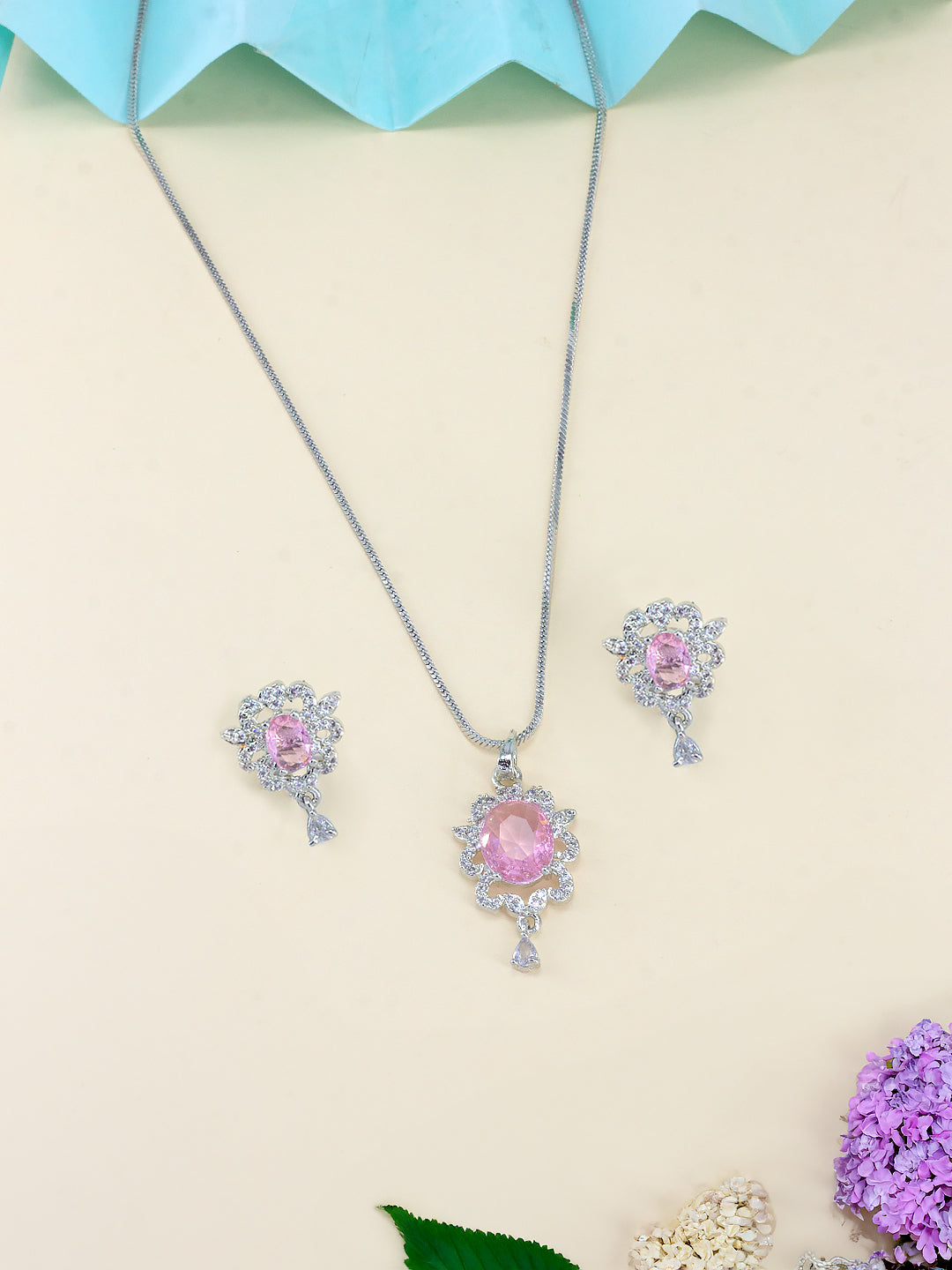 Rhodium Plated Pink Oval Shaped American Diamond Studded Pendant Set