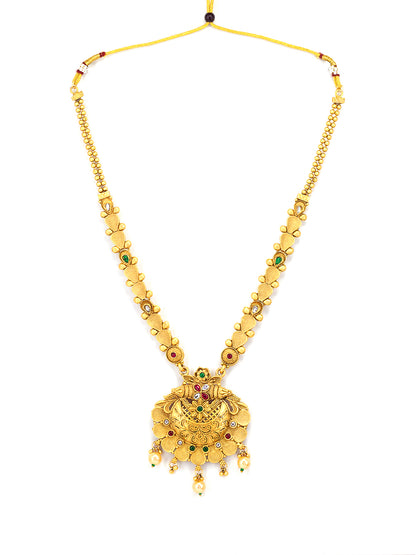 Gold Plated Long & Short Necklace Kundan Studded Temple Jewellery Set