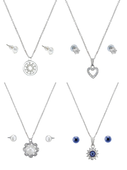 Pack of 4 Silver Plated Pendants & Earrings Set Gift For Girls