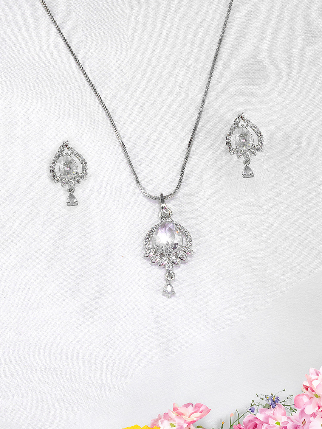 Rhodium Plated Teardrop American Diamond Studded Trendy Pendant Set