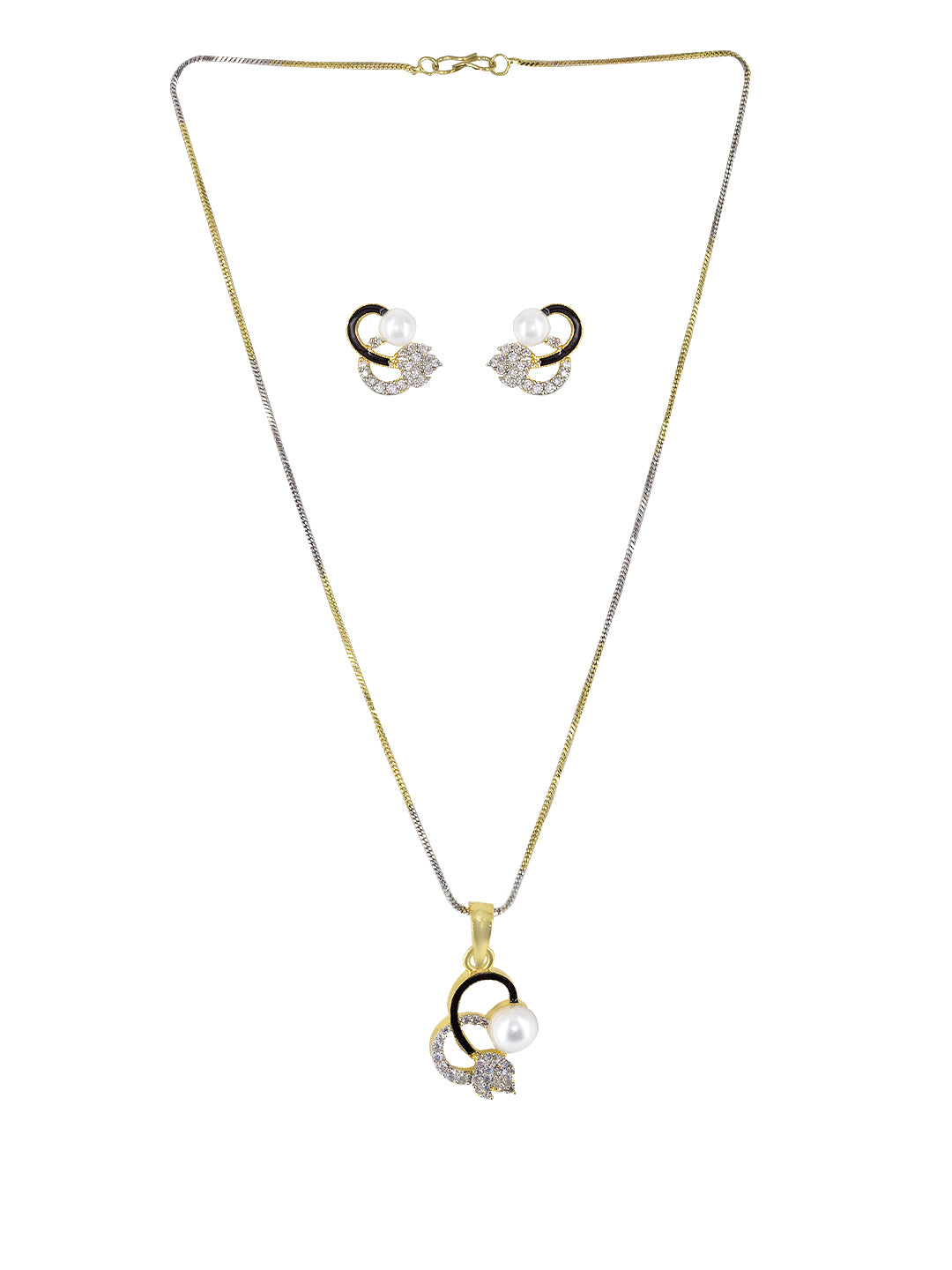 Gold Plated American Diamond Black Mina Trendy Pendant & Earring Set