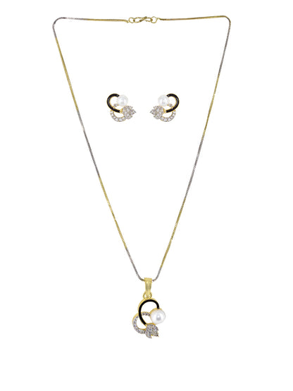 Gold Plated American Diamond Black Mina Trendy Pendant & Earring Set