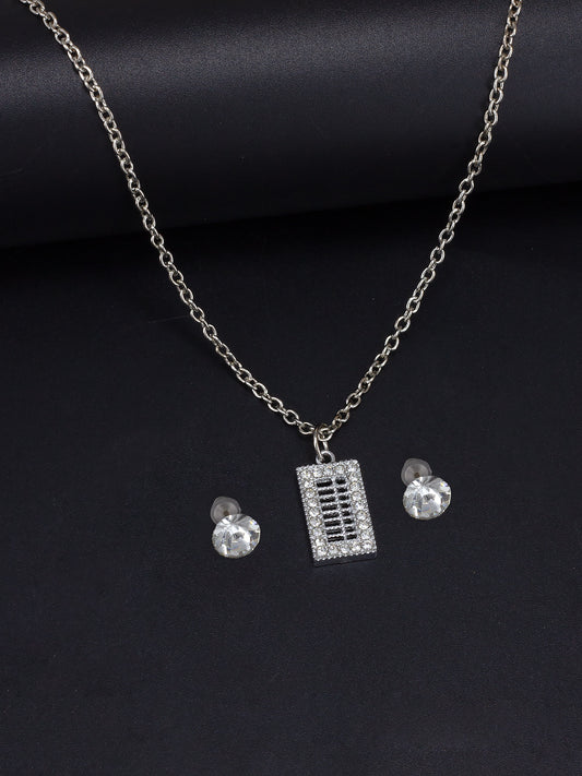 Silver Plated Square Shaped Pendant & Studs Set