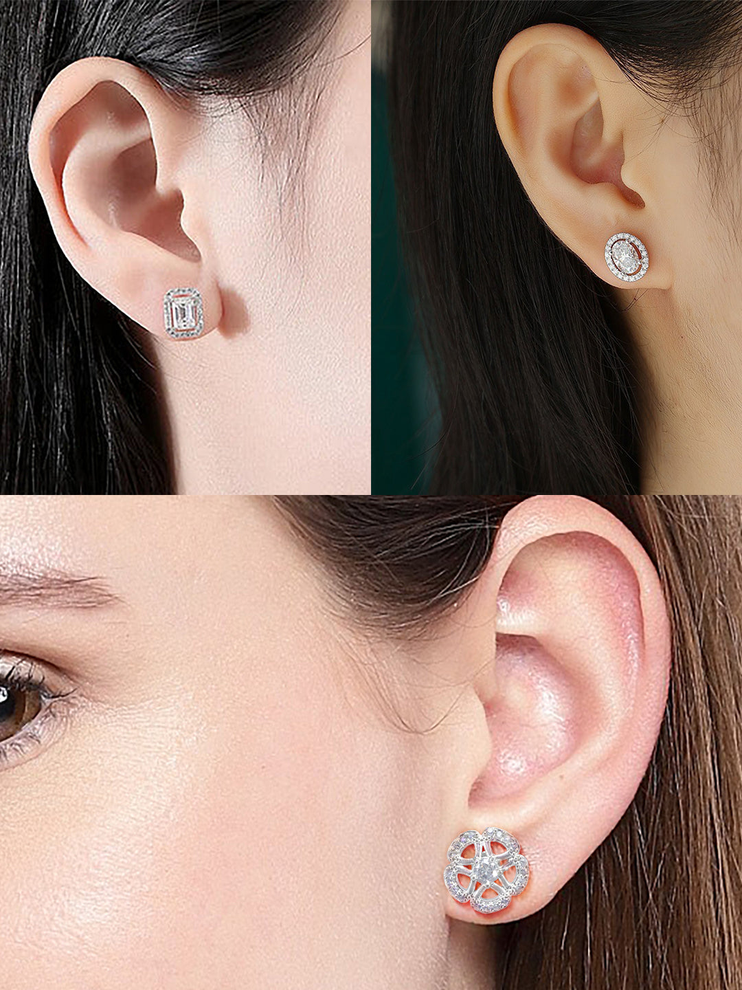 Set Of Three Rhodium Plated Geometric American Diamond Earrings