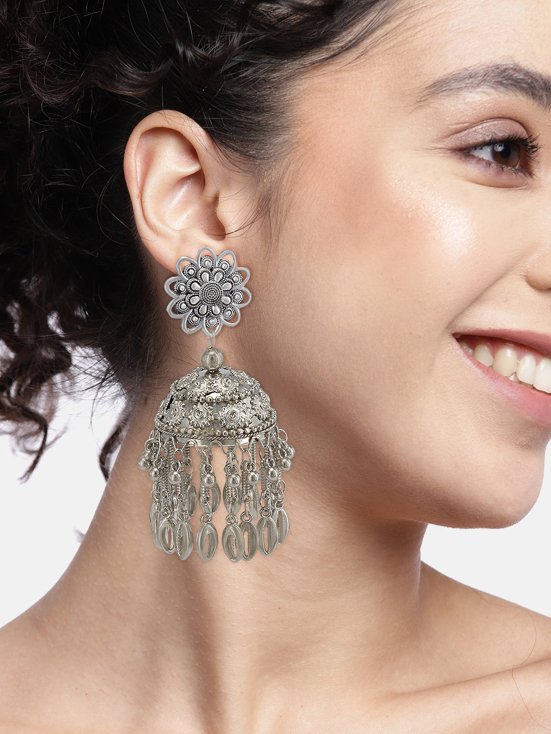 Silver Oxidised Floral Jhumka Earrings