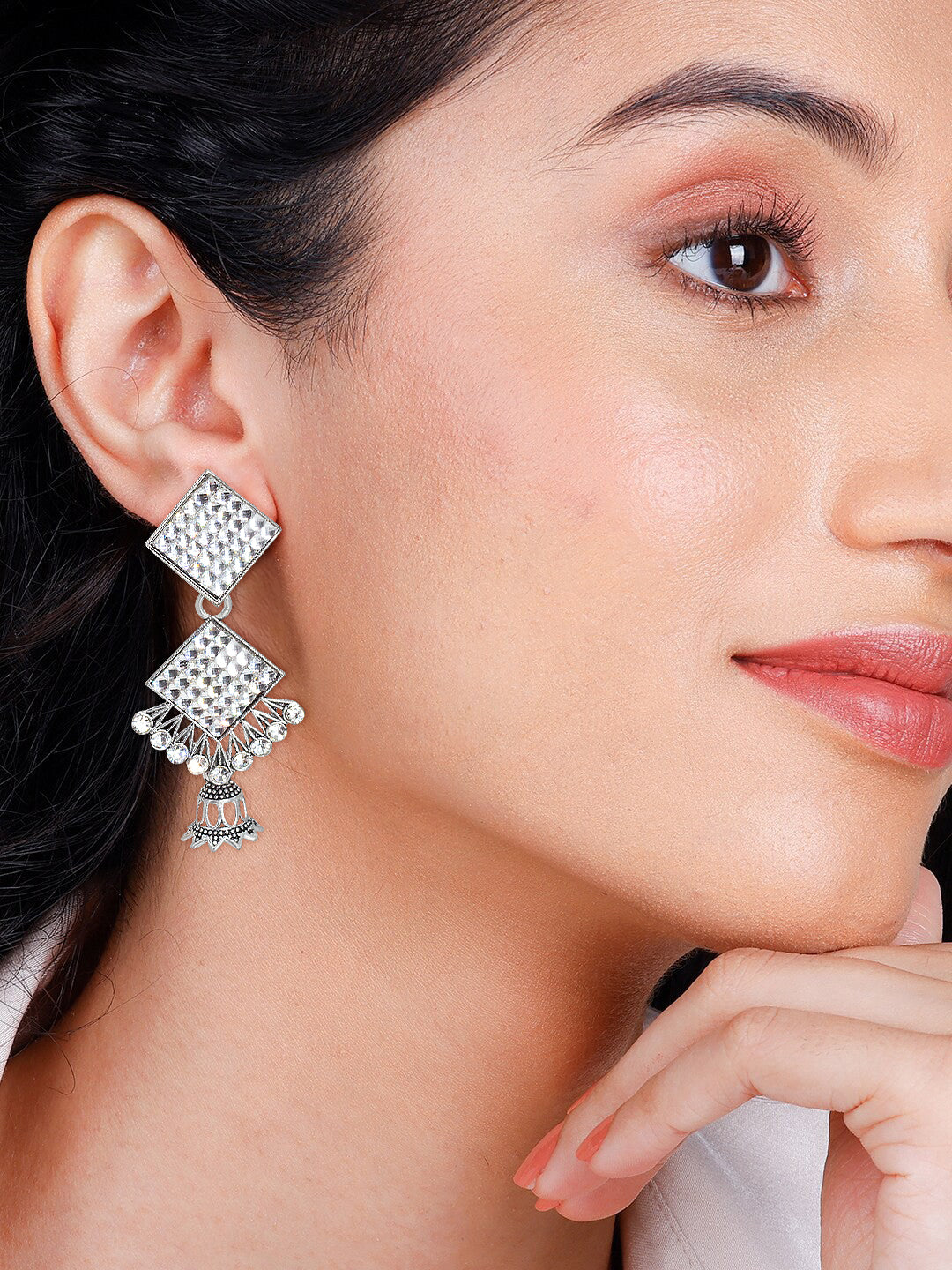 Pack of 4 Silver Plated Artificial Stones Studded Jhumka Earrings