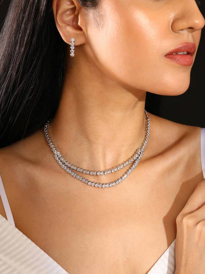 Rhodium Plated Double Layered Trendy AD Jewellery Set