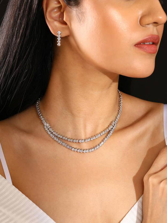 Rhodium Plated Double Layered Trendy AD Jewellery Set